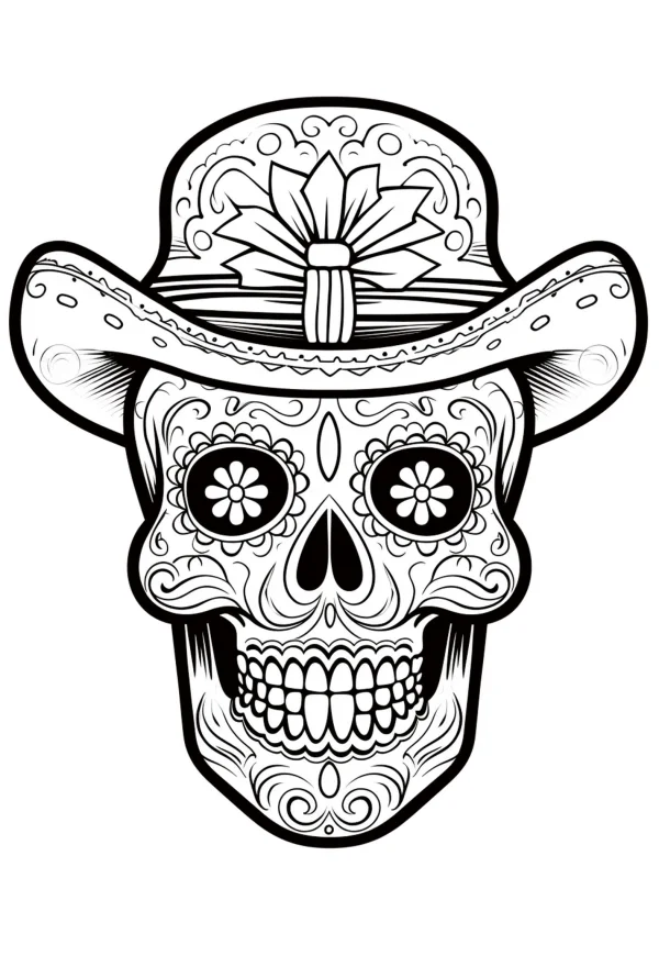 Day of the dead decorated sugar skull with wide-brimmed hat, latin american folk art style — free printable latin american culture coloring book page