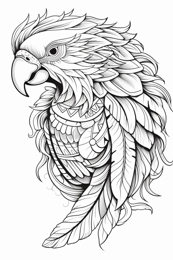Tribal style parrot with intricate totem patterns, detailed organic feather and geometric decorative designs — free printable tribal culture coloring book page