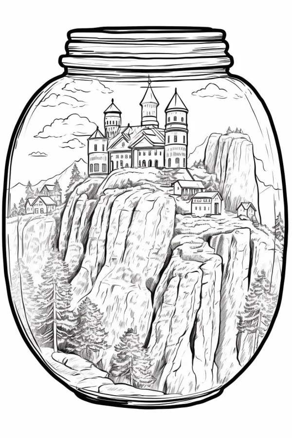 Miniature cliff castle scene inside a glass jar, fantasy style — free printable castle coloring book page