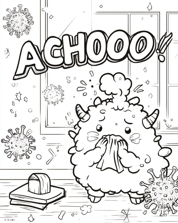 Cute fantasy monster sneezing with tissue, cartoon style — free printable health coloring book page