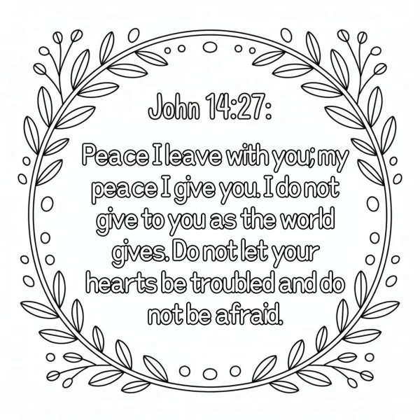 Coloring book page, christian bible verse john 14:27 inside a circular leaf and vine wreath with dot decorations — free printable spiritual healing coloring book page