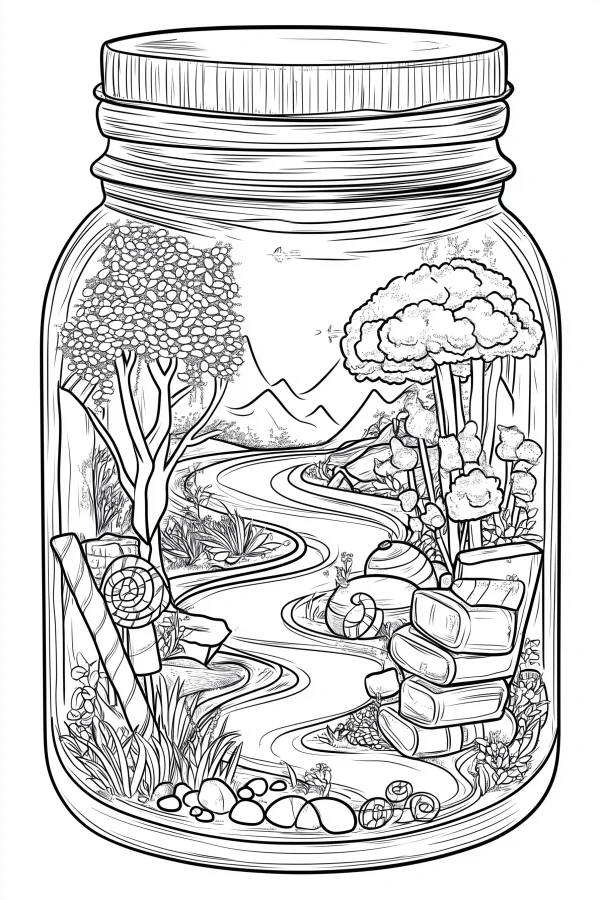 Miniature natural landscape in a glass jar, line art style — free printable miniature landscape coloring book page