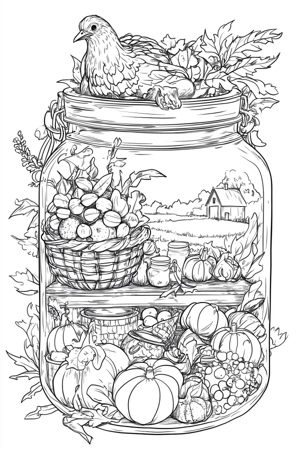 Harvest thanksgiving scene inside a glass jar, realistic illustration style — free printable harvest coloring book page