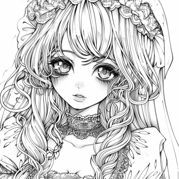 Rococo style kawaii anime girl with long curly hair, fine clean flowing lines — free printable anime coloring book page