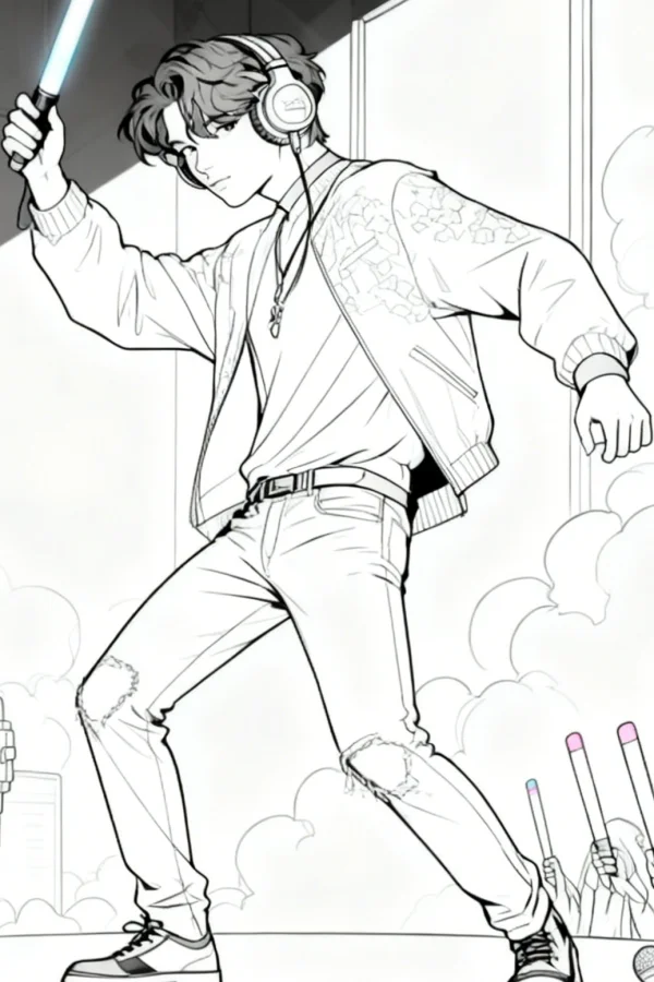 Coloring book page, trendy boy with headphones holding a lightsaber — free printable youth coloring book page
