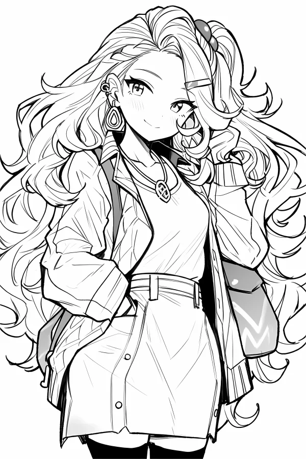 Trendy long-haired anime girl, anime cartoon style — free printable anime coloring book page