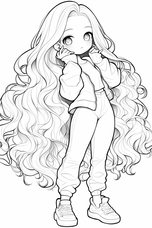 Cute chibi fashion girl with long curly hair, cartoon style — free printable cartoon characters coloring book page
