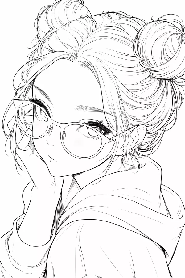 Cute anime girl with double buns and round glasses, wearing hoodie — free printable anime coloring book page