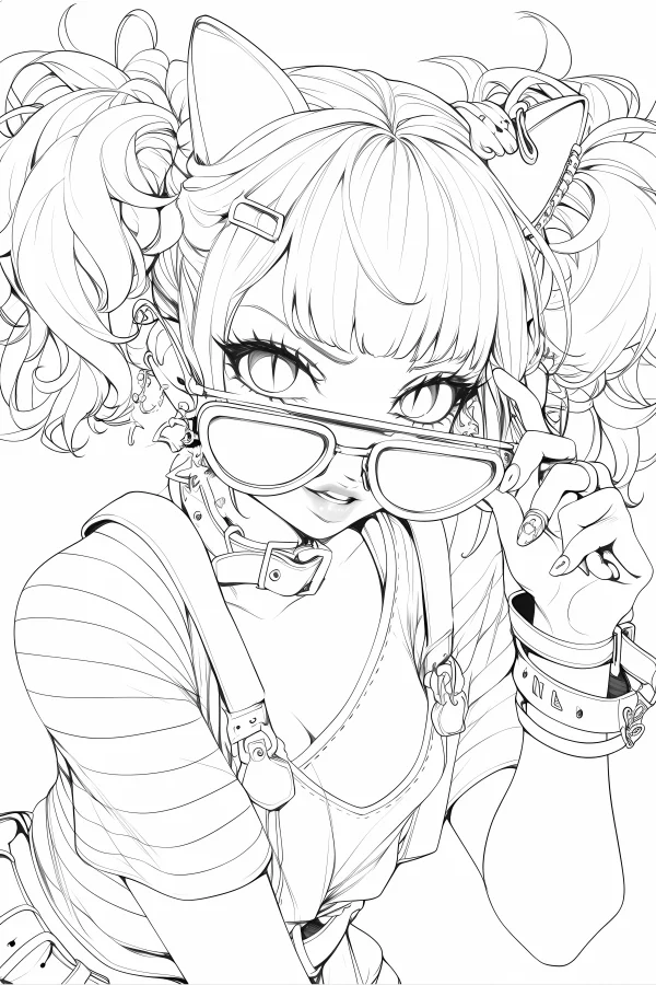 Cat ear twintail fashionable girl, anime style — free printable anime coloring book page