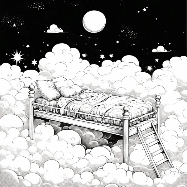Bed floating on clouds with ladder, fantasy style — free printable dreams coloring book page