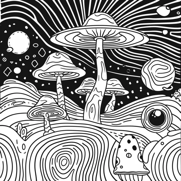 Fantasy alien mushroom group, fantasy sci-fi style — free printable universe coloring book page