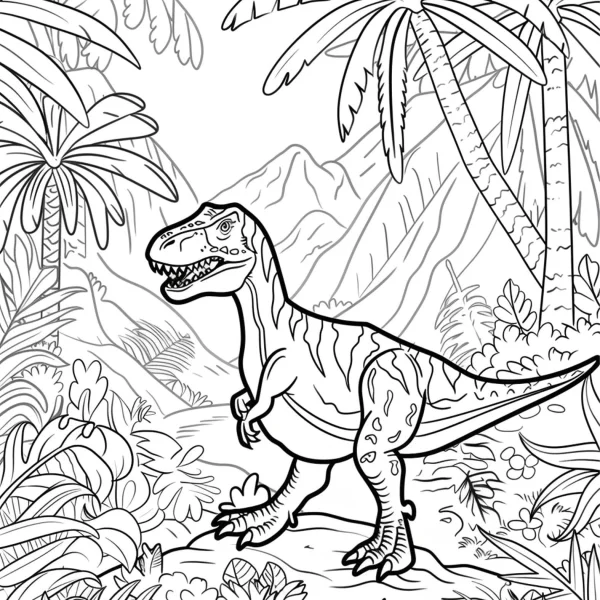 Tyrannosaurus rex in prehistoric jungle, cartoon style — free printable jungle coloring book page