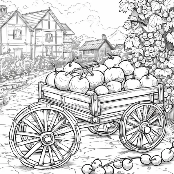 Wooden cart full of apples in a village, realistic line art style — free printable harvest coloring book page