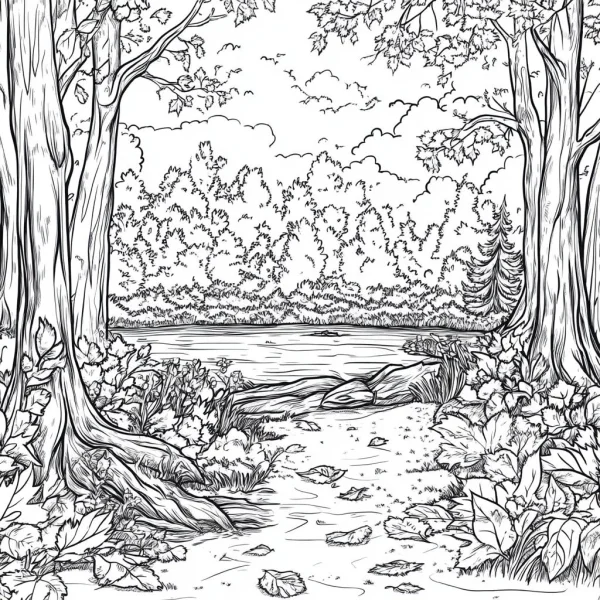 Forest lakeside landscape, realistic illustration style — free printable lakes coloring book page
