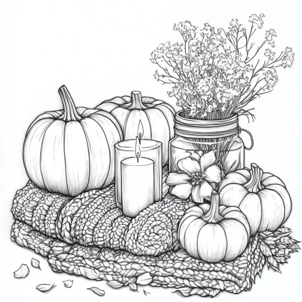 Still life composition of pumpkins, lit candle and dried flower bouquet on knitted blanket — free printable thanksgiving coloring book page