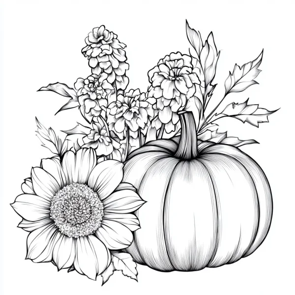 Pumpkin combined with sunflower and chrysanthemum-like flowers, realistic sketch style — free printable thanksgiving coloring book page