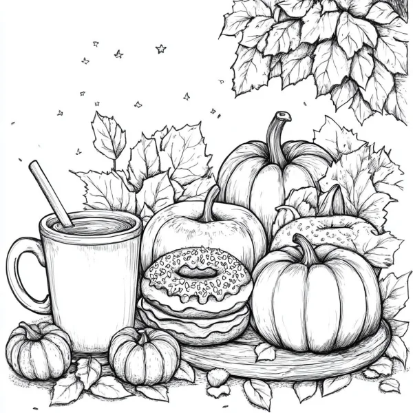 Thanksgiving themed pumpkin and food combination, realistic line art style — free printable thanksgiving coloring book page