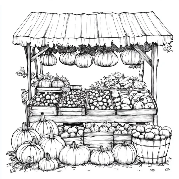 Autumn vegetable and pumpkin market stall, realistic line art style — free printable thanksgiving coloring book page