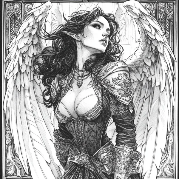 Armored female angel with elf ears and curly hair, fantasy style — free printable angel coloring book page
