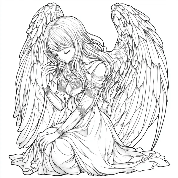 Kneeling long-haired angel with large detailed wings, anime style — free printable angel coloring book page
