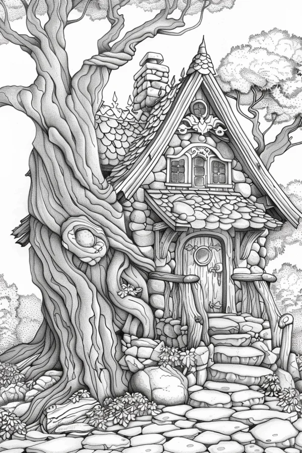 Stone fairy tale cottage next to an ancient tree, fairy tale style — free printable cabin coloring book page