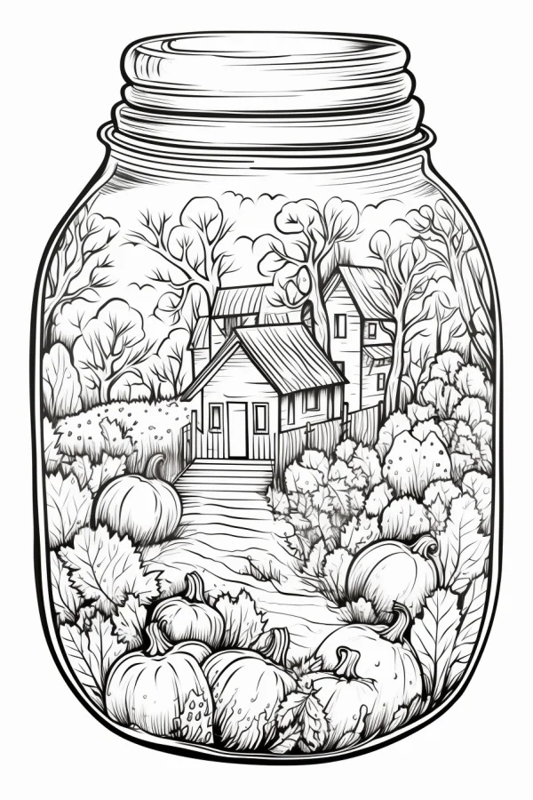Coloring book page, autumn rural scene inside a glass mason jar — free printable thanksgiving coloring book page