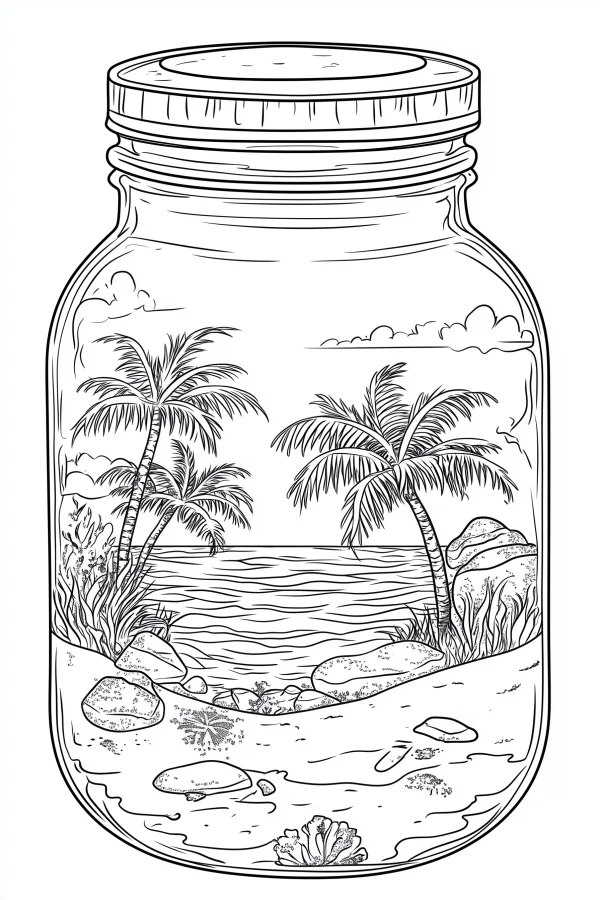 Beach micro landscape in a glass jar, sketch line art style — free printable miniature landscape coloring book page