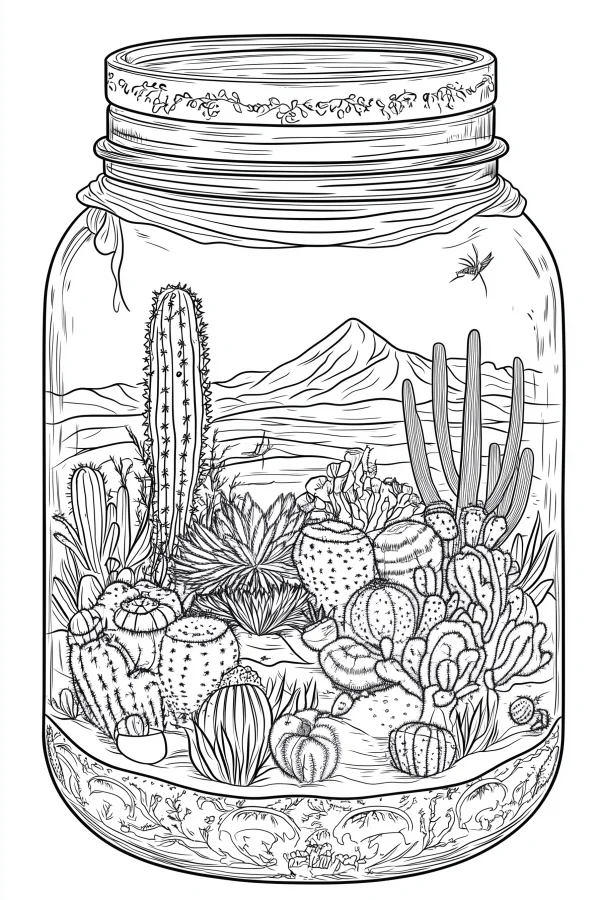Desert succulent terrarium in a glass jar, realistic line art style — free printable miniature landscape coloring book page
