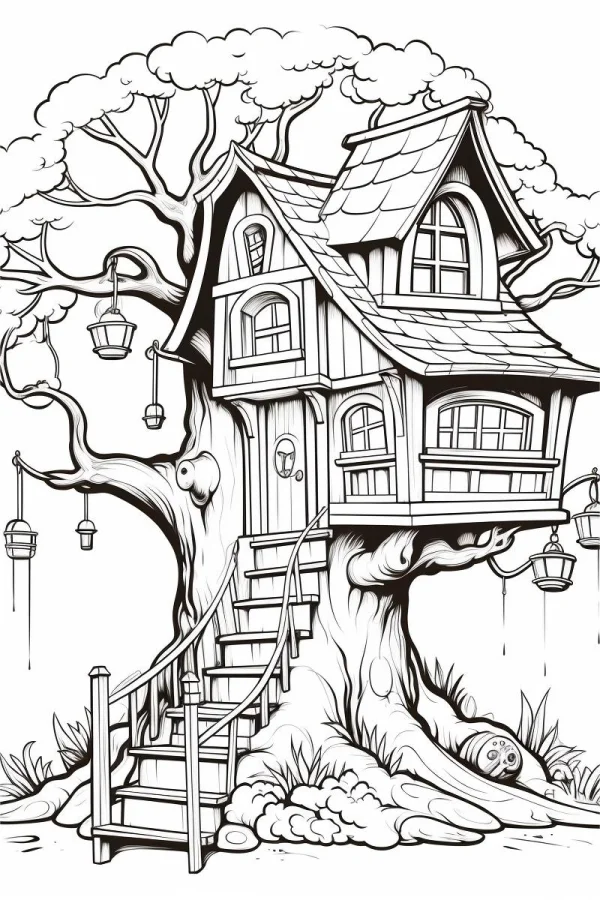 Whimsical fairy tale treehouse on a large old tree, cartoon style — free printable innocence coloring book page