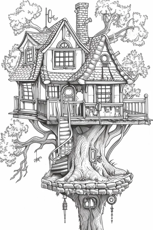 Fairy tale treehouse on a giant tree, fairy tale style — free printable cabin coloring book page