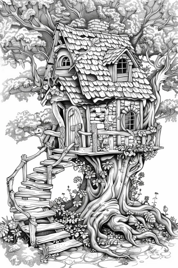 Fairy tale tree house in a dense ancient forest, hand-drawn sketch line art style — free printable cabin coloring book page