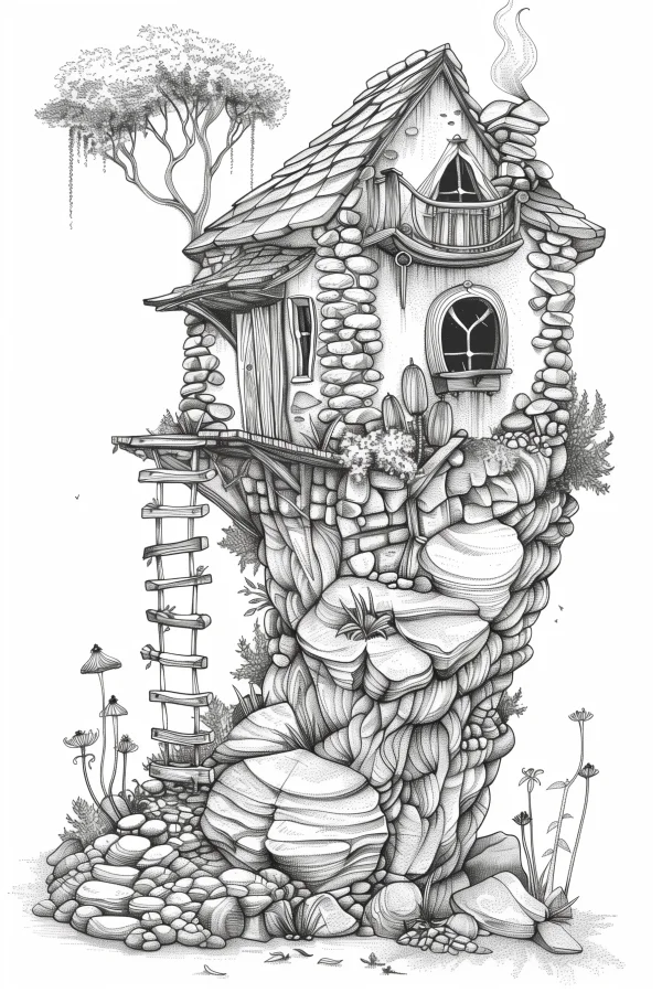 Fantasy stone cottage built on rock pile, fairy tale style — free printable cabin coloring book page