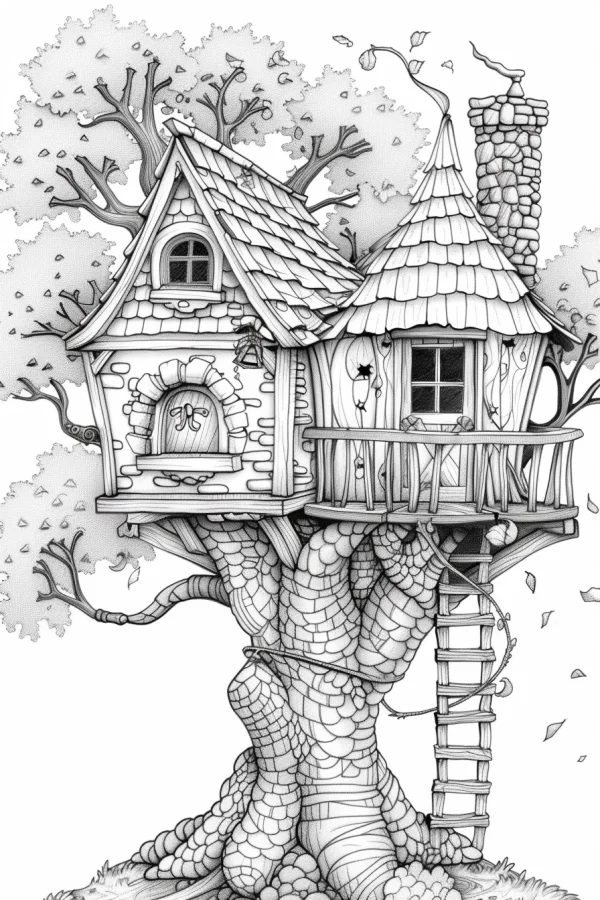 Fairy tale treehouse on a giant textured tree, fairy tale style — free printable cabin coloring book page