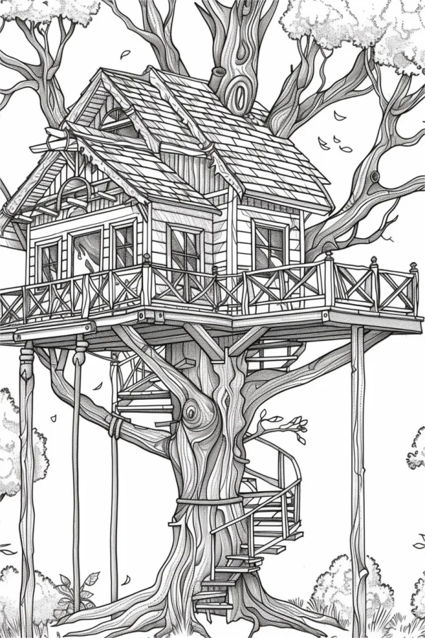 Forest treehouse, sketch style — free printable innocence coloring book page