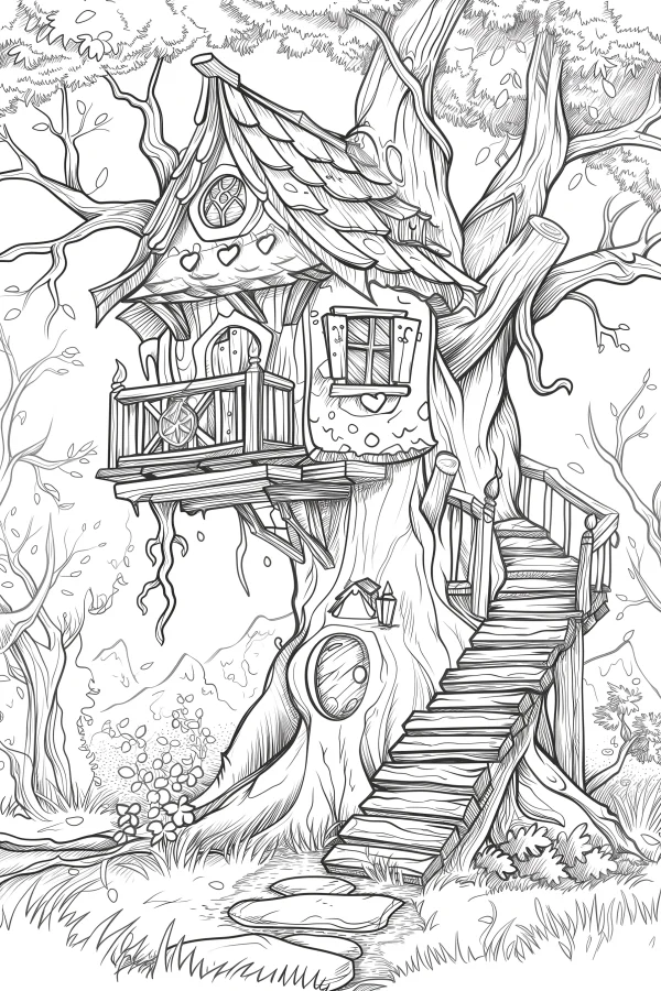 Fairy tale treehouse on a giant tree, fairy tale style — free printable cabin coloring book page
