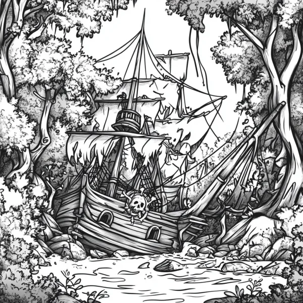 Pirate shipwreck in forest stream, fantasy cartoon style — free printable pirate coloring book page