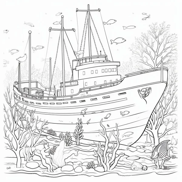 Underwater sunken ship, realistic illustration style — free printable underwater scene coloring book page