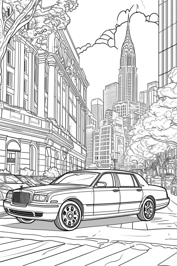 Luxury sedan on city street, realistic illustration style — free printable modern life coloring book page