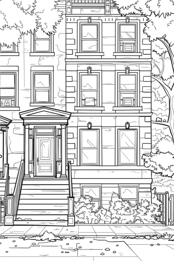 Coloring book page, urban multi-story residential building — free printable residential architecture coloring book page