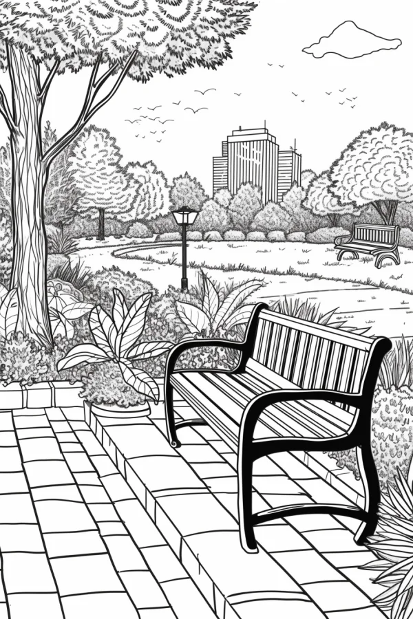 Park bench in urban garden scenery, realistic line art style — free printable city park coloring book page