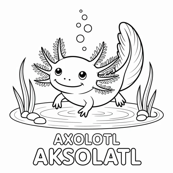 Smiling axolotl, cartoon style — free printable amphibians coloring book page