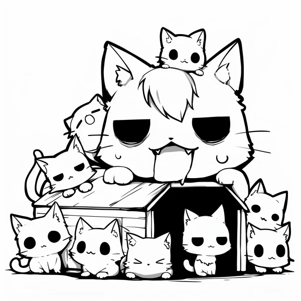 Group of cute cartoon cats with one big cat on a small wooden house and multiple small cats around it, cartoon style — free printable innocence coloring book page