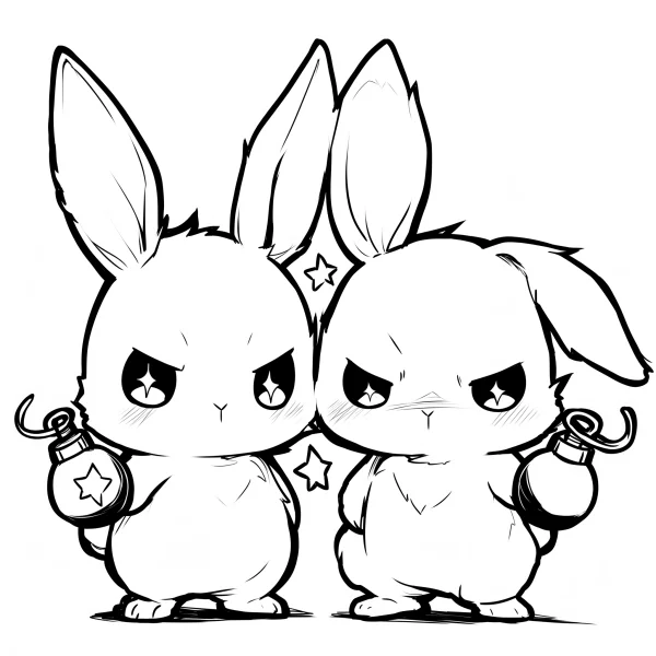 Two grumpy cartoon bunnies holding bombs, cartoon style — free printable quirky coloring book page