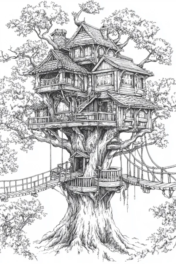 Large elaborate treehouse on giant ancient oak tree, fairy tale style — free printable cabin coloring book page