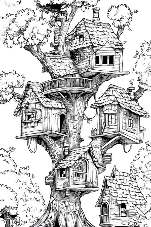 Whimsical multi-level treehouse cluster on a giant tree, fairy tale hand-drawn style — free printable innocence coloring book page