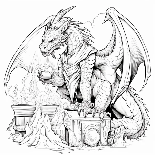 Anthropomorphic dragon holding a cup, fantasy style — free printable dragon coloring book page