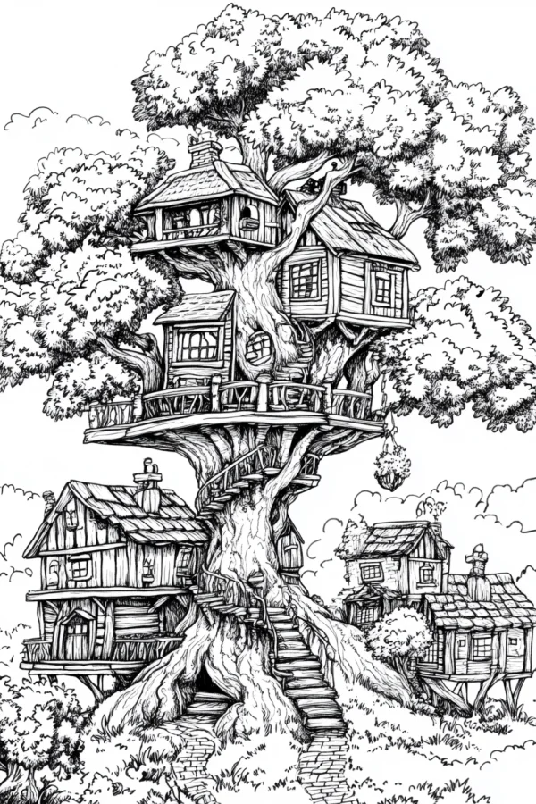 Fairy tale giant treehouse cluster, sketch style — free printable childlike coloring book page