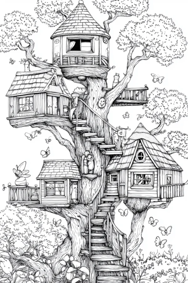 Fairy tale treehouse cluster in a lush forest, cartoon style — free printable parent-child coloring book page