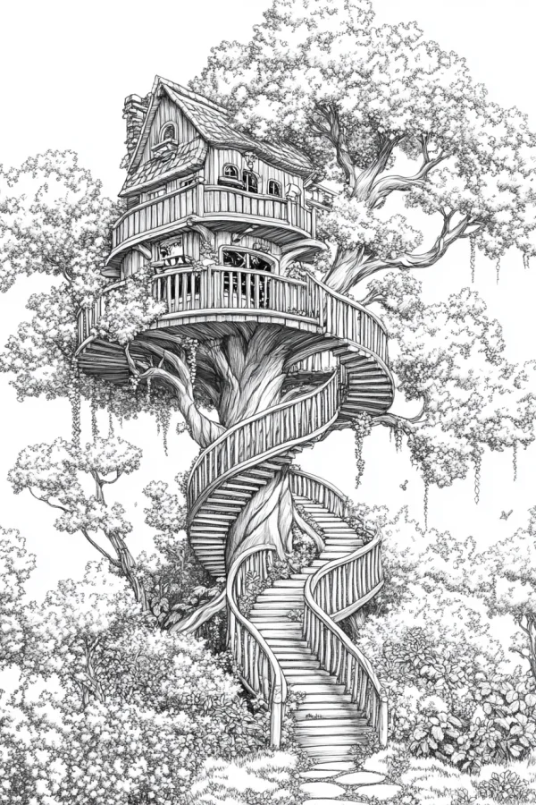 Fairy tale treehouse on giant tree, realistic sketch style — free printable cabin coloring book page
