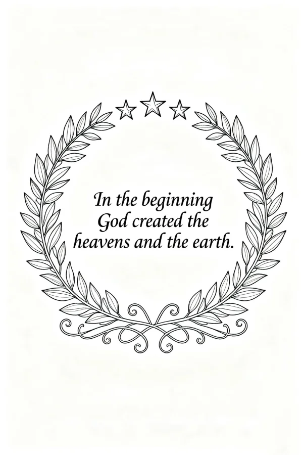 Religious text 'in the beginning god created the heavens and the earth' framed by laurel wreath and three stars, decorative art style — free printable culture coloring book page